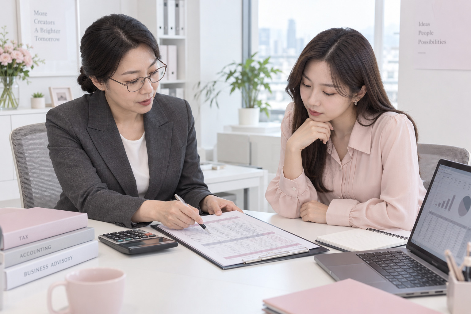 정산 서류와 계산기를 놓고 상담하는 한국인 전문 상담가와 크리에이터