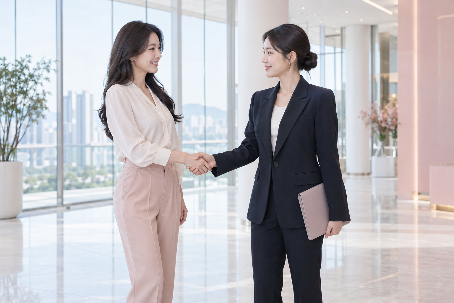 밝은 사무실에서 동등한 파트너로 악수하는 한국인 크리에이터와 매니저