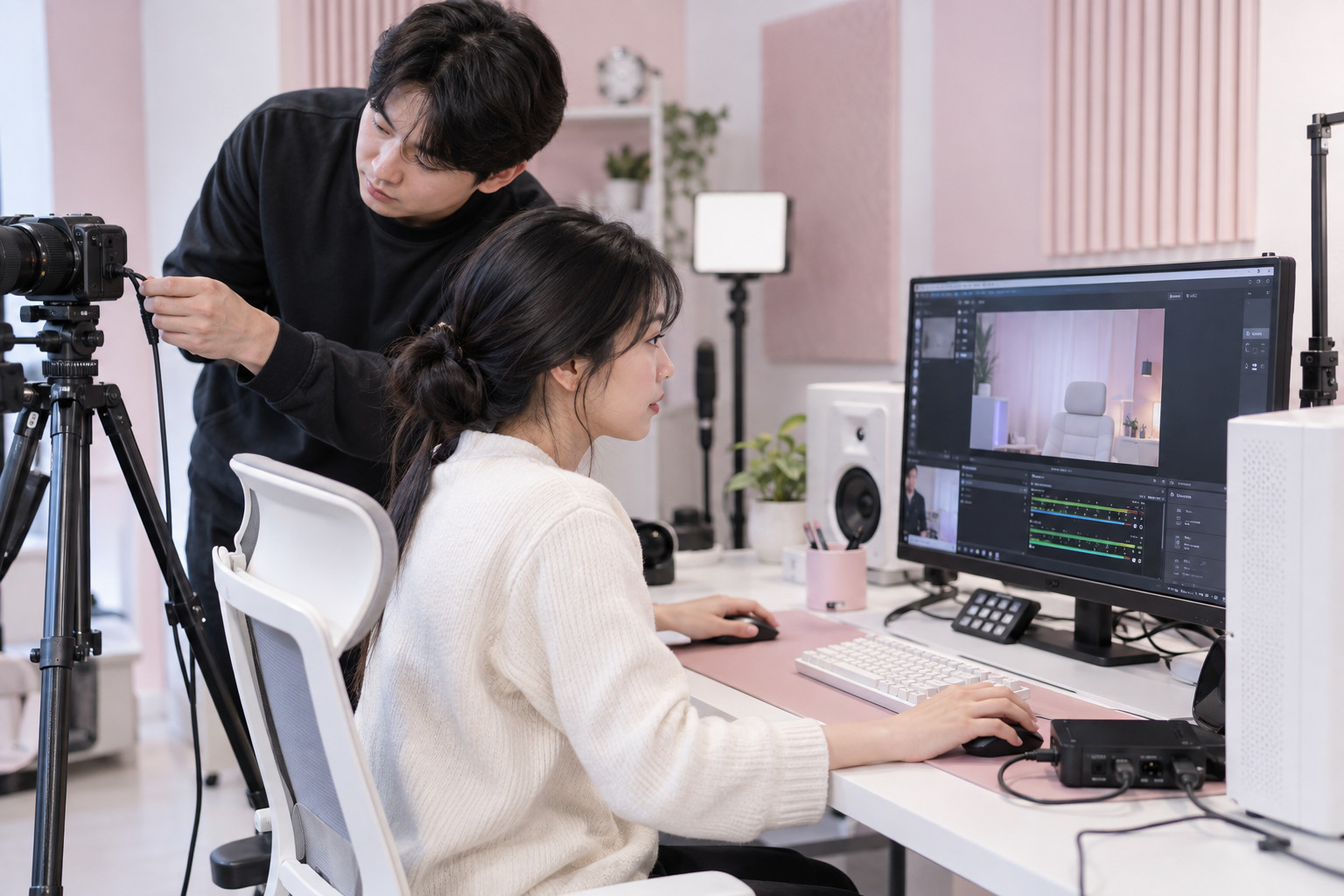 카메라 연결과 송출 화면을 점검하는 한국인 방송 기술팀