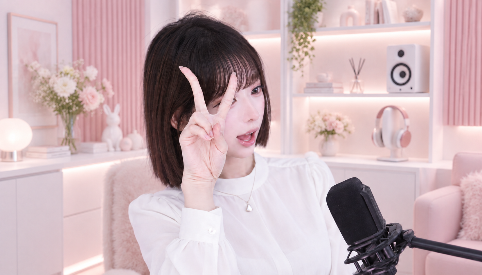 화이트·베이비핑크 스튜디오 인테리어로 연출한 가애의 방송 프로필 사진