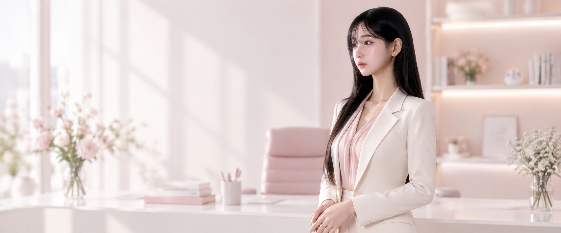 화이트 재킷을 입고 자연스러운 자세로 선 가애의 지원 안내 사진